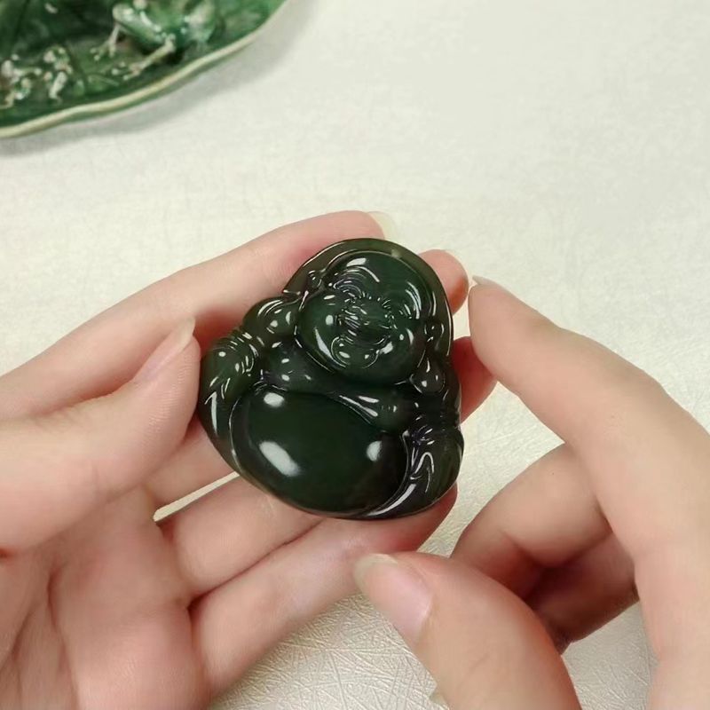溫潤(rùn)齋天然新疆和田玉青海料湖水綠玉石笑佛掛件玉器彌勒佛吊墜